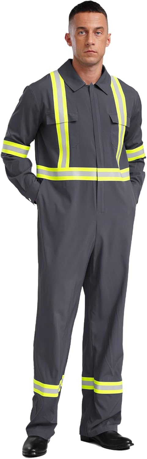 ACSUSS Men's Cotton Work Coveralls Lightweight Reflective Safety Mechanics Jumpsuits with Multiple Pockets