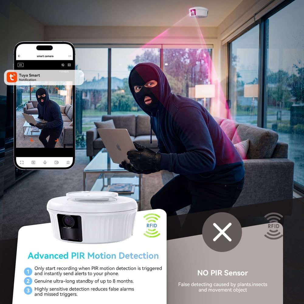 Wireless Wi-Fi Security Camera - 2K Ultra HD 360° Rotatable Mini Camera with Night Vision and PIR Motion Detection, 2.4G Wi-Fi Surveillance Cam with APP Remote Control (No smoke detection function)