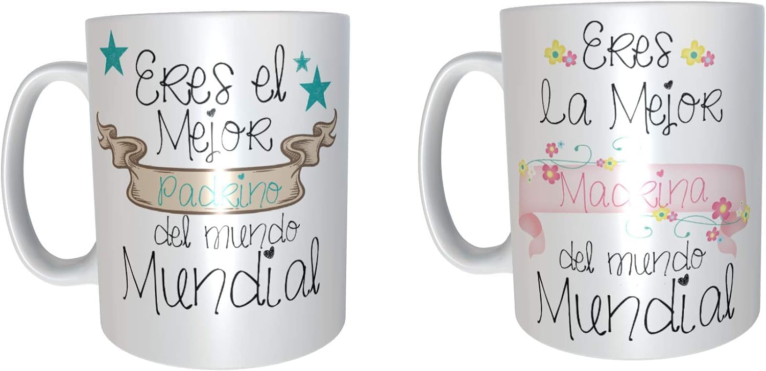Tazas para Padrinos - Regalos originales bautizos - regalos para padrinos y madrinas (PAck Madrina + Padrino, Español)