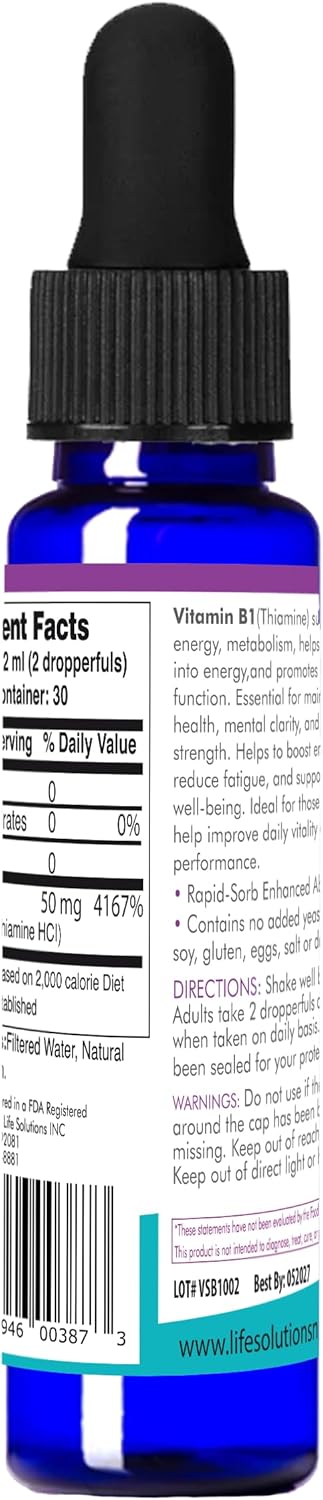 Life Solutions Vitamin B1 Dropper 2 oz - Thiamine B1 Supplement - Essential B1 Vitamins for Energy Boost and Nervous System Support - Liquid Formula for Easy Absorption