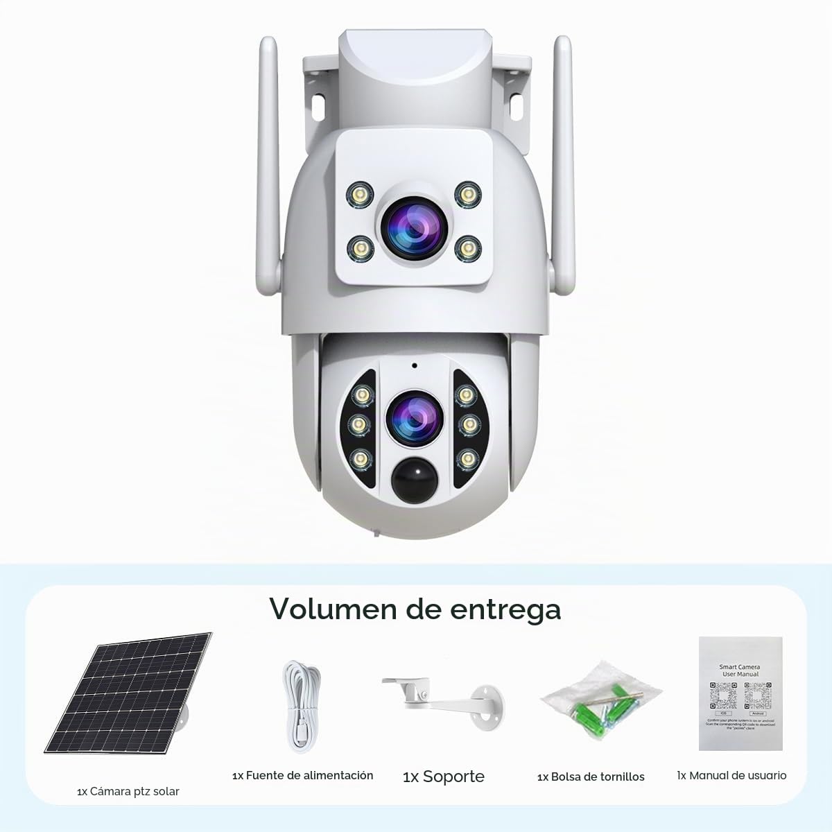 JOOAN Cámara de seguridad solar inalámbrica WiFi 2Kx2 360°PTZ Cam doble lente 9000mAh batería color noche sonido y luz alarma IP66 resistente a la intemperie tarjeta de seguimiento humano