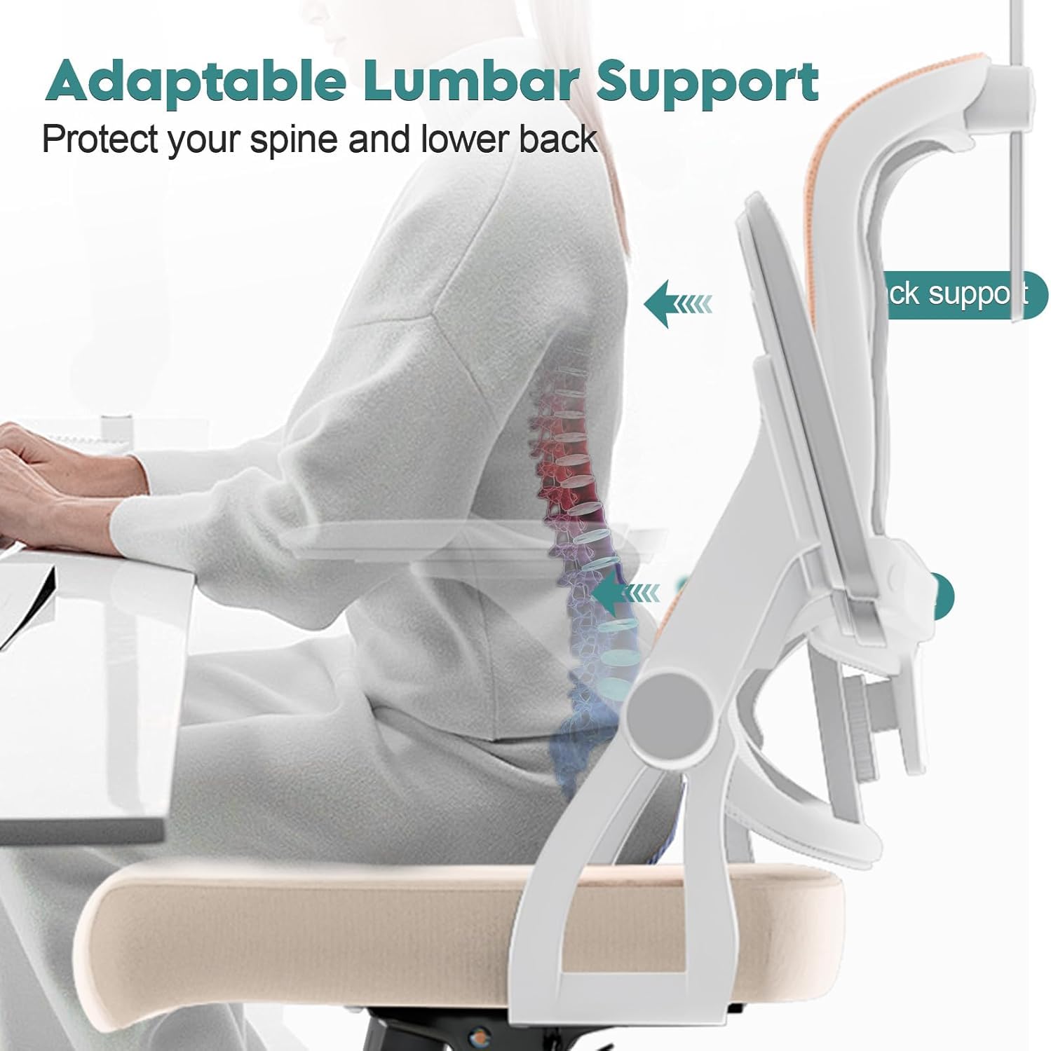 Monhey Sedia da ufficio ergonomica, regolabile in altezza, girevole, con braccioli pieghevoli, rete traspirante, poggiatesta regolabile e supporto lombare intelligente, per casa e ufficio, beige