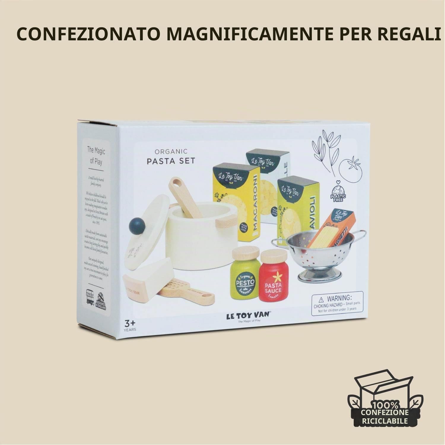 Le Toy Van Cibo giocattolo per bambini, in legno, dai 2 anni, gioco di ruolo per bambini, set pasta 12 pezzi, accessori cucina giocattolo, legno FSC ecologico