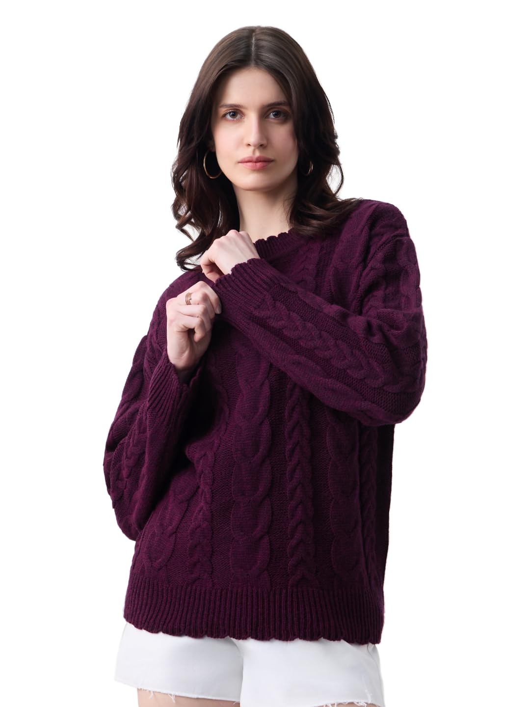 the souled store Cable Knit Sweater: Plum Berry Women and Girls Full Sleeves Round Neck Textured Acrylic Lightweight Casual Oversized Pullover Sweater-picture-16