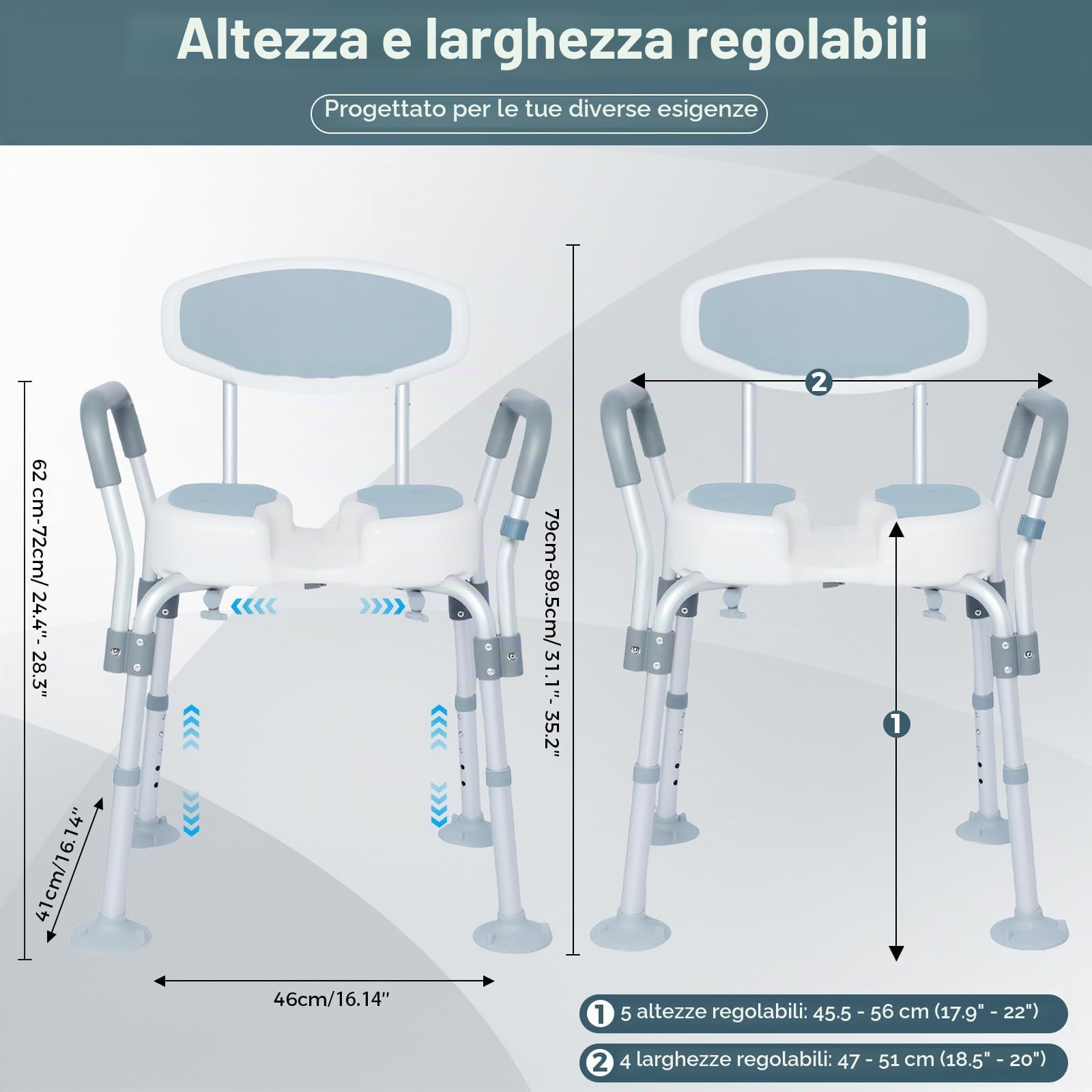 Sgabello Doccia Anziani Sedia da Doccia Girevole a 360° Altezza Regolabile Seggiolino per Doccia Anziani con Braccio Schienale