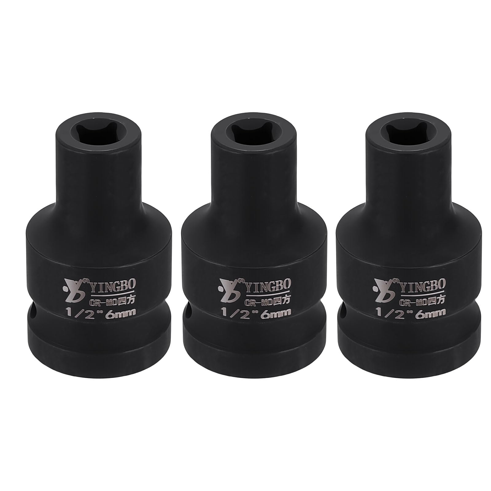 sourcing map 3pcs 4 Point Square Socket 1/2" Drive 6mm Metric Square Impact Socket 1.6" (40mm) Long 40CR Steel Phosphating Standard Wheel Sleeve Tool for Auto Repair Mechanical Home Use