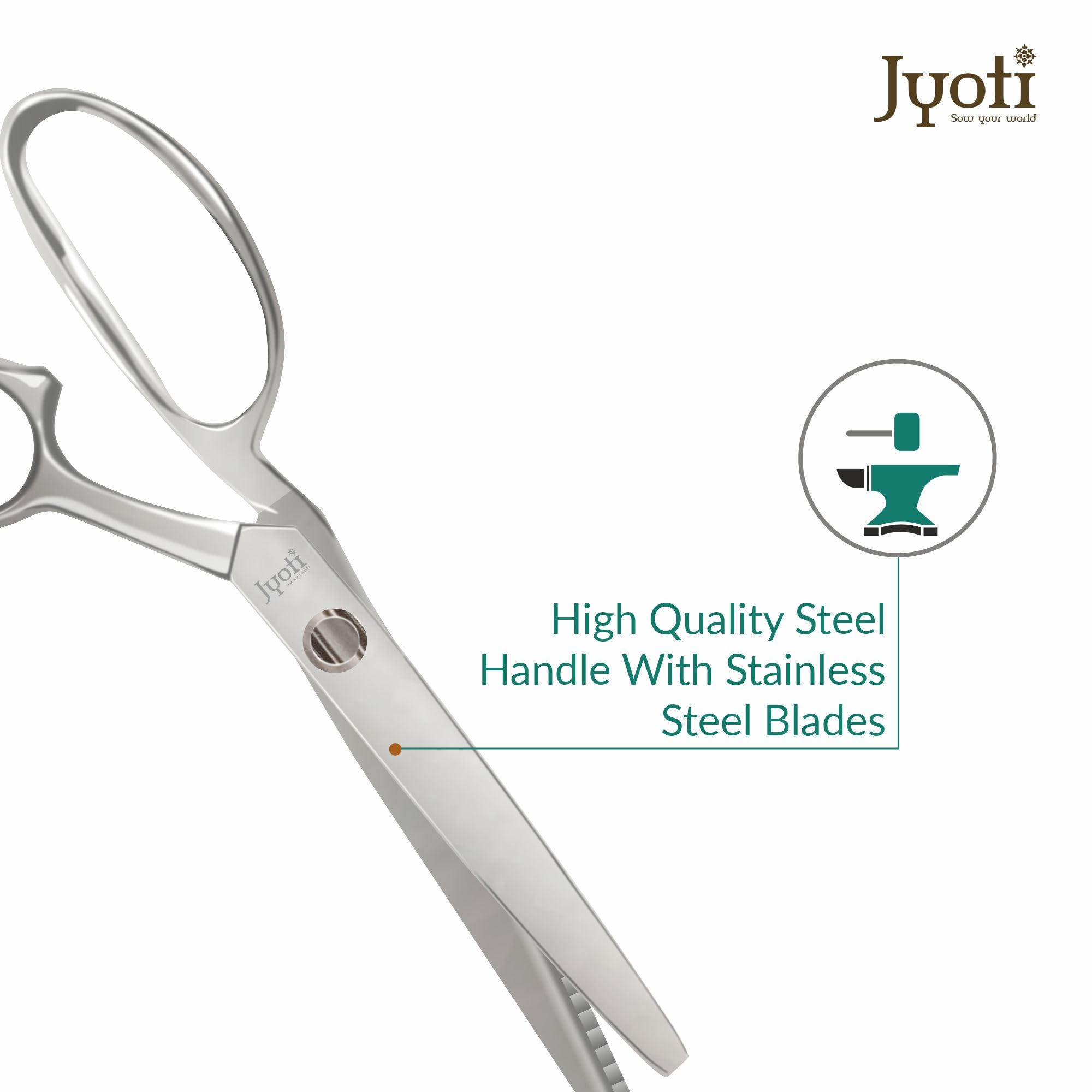 Jyoti Scissor 8" Steel Zig Zag, Pinking Shear, Ideal for cutting a Zigzag Pattern along a Fabric Edge, Asymmetric Design Prevents the Fabric from the Fabric Edge, Comfortable Grip & Decorative Cutting - Pack of 1 4