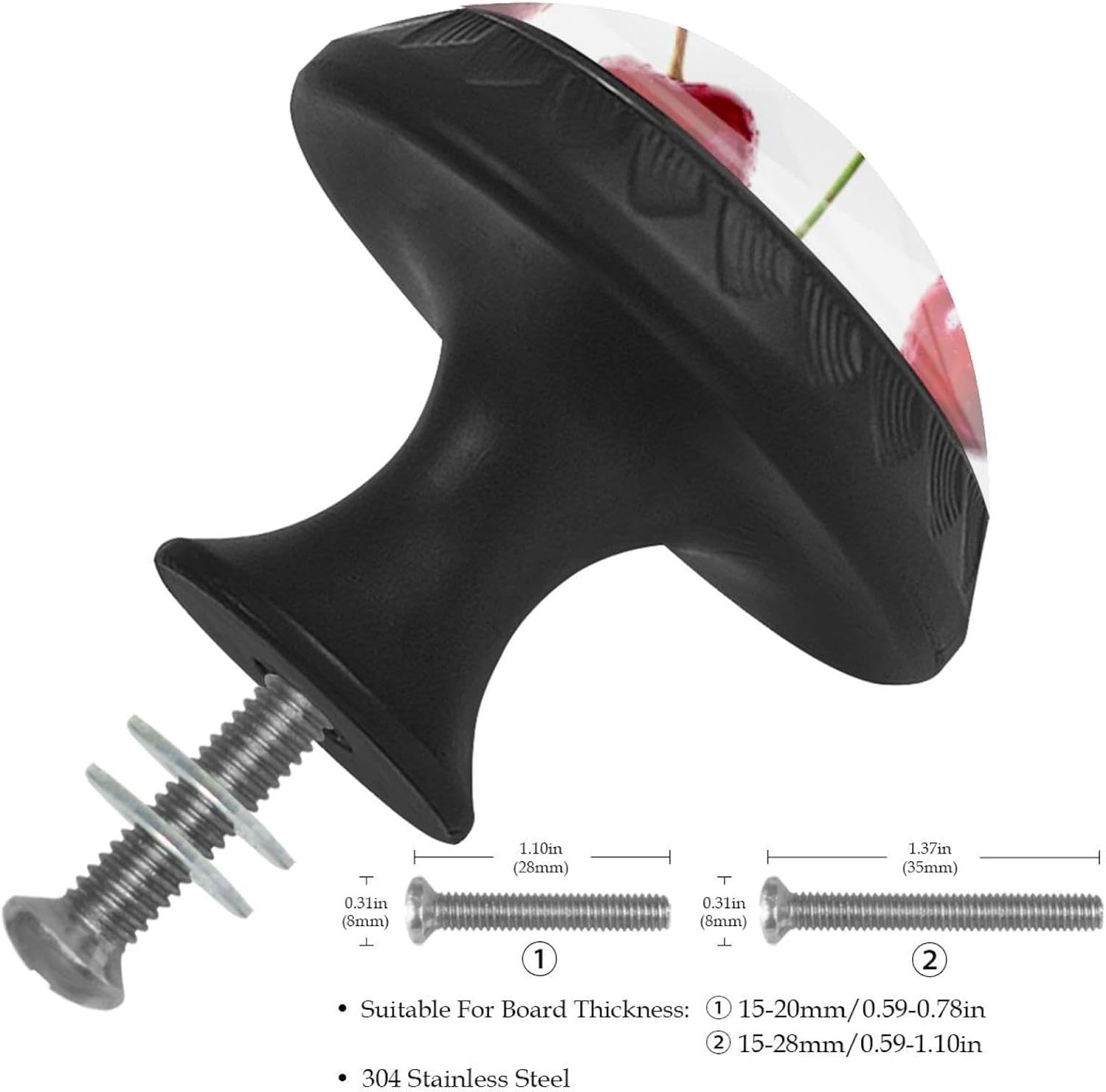 Black Base Red Cherry Pattern Fruit (2) Pattern Cabinet Knobs, Modern Decorative Drawer Knobs for Furniture Hardware, Easy Install for Kitchen Cabinet