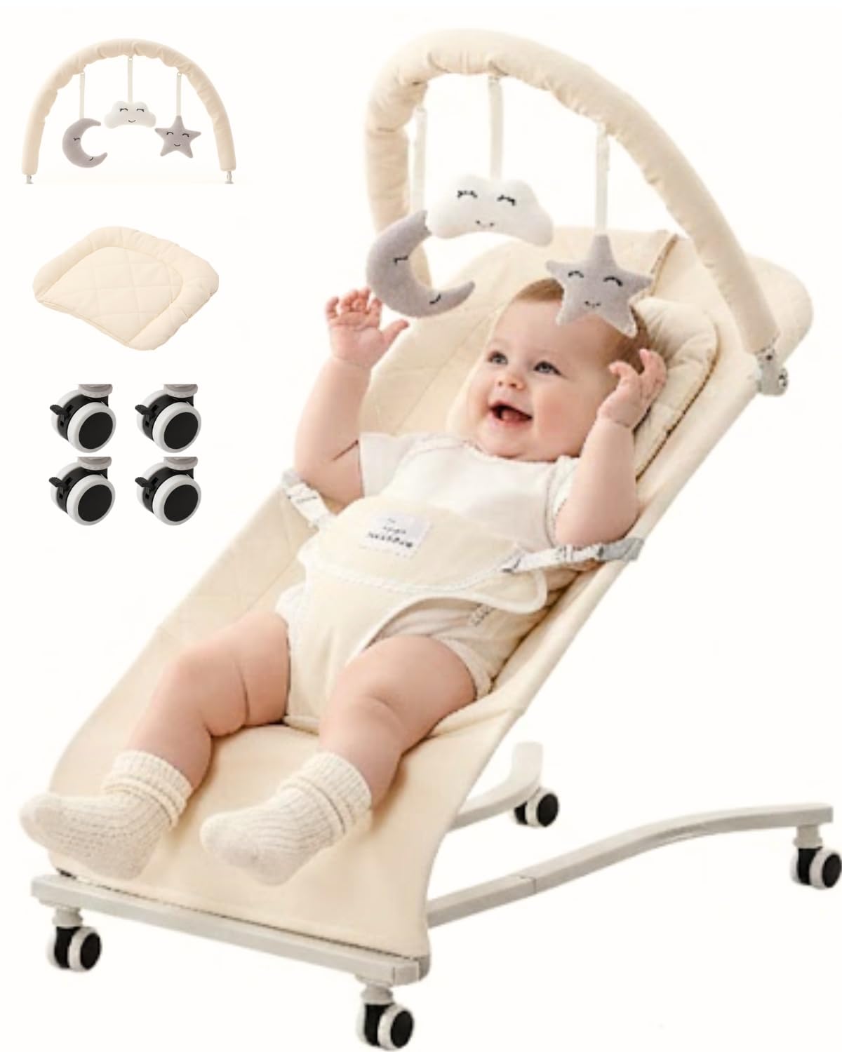 Cuddobaby Baby Bouncer 100% Cotton, Head & Neck Support Cushion, Lockable Wheels, Soft Plushies, 3-Level Adjustable Bouncy Chair up to 20Lbs 0-6, 3-6,