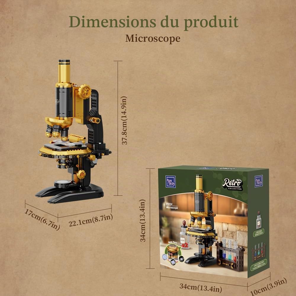PANTASY Kit de construction de microscope rétro pour adultes, modèle d'instrument scientifique antique avec design mécanique, finition en laiton et accessoires de laboratoire, ensemble de briques de