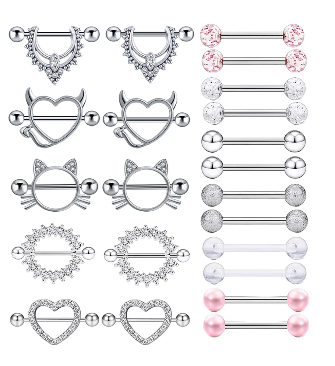 TIANCI FBYJS11 Pairs Stainless Steel 14G Nipple Rings Nipplerings CZ Heart Tongue Shield Barbell Rings Retainer Body Piercing Jewelry for Women 9/16Inch