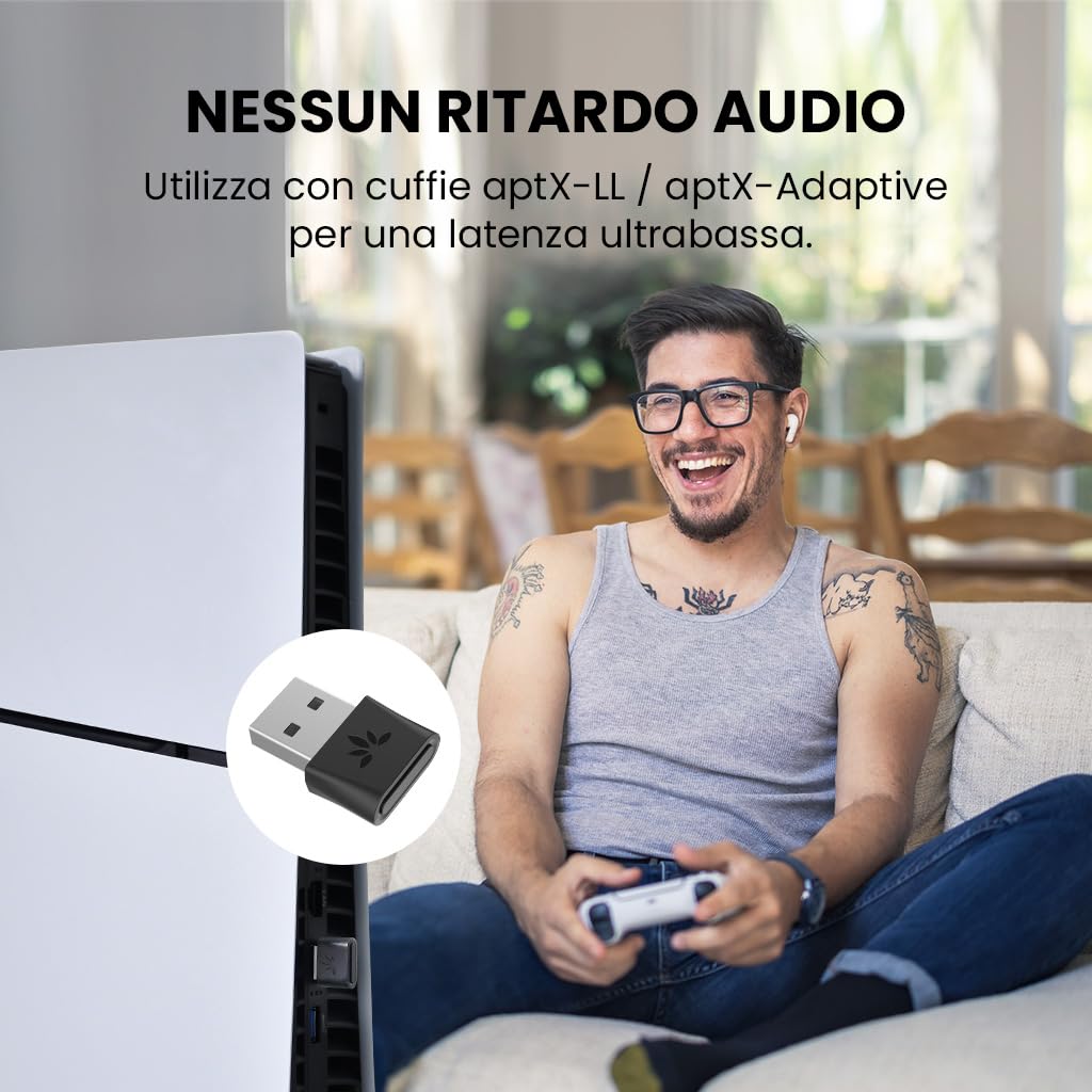 Avantree DG80-Gaming - Adattatore Dongle USB Bluetooth 5.3 per PS5 e Console da gioco, con aptX-Adaptive e bassa latenza, Chiavetta Trasmettitore Audio Wireless per Bluetooth Cuffie e Auricolari