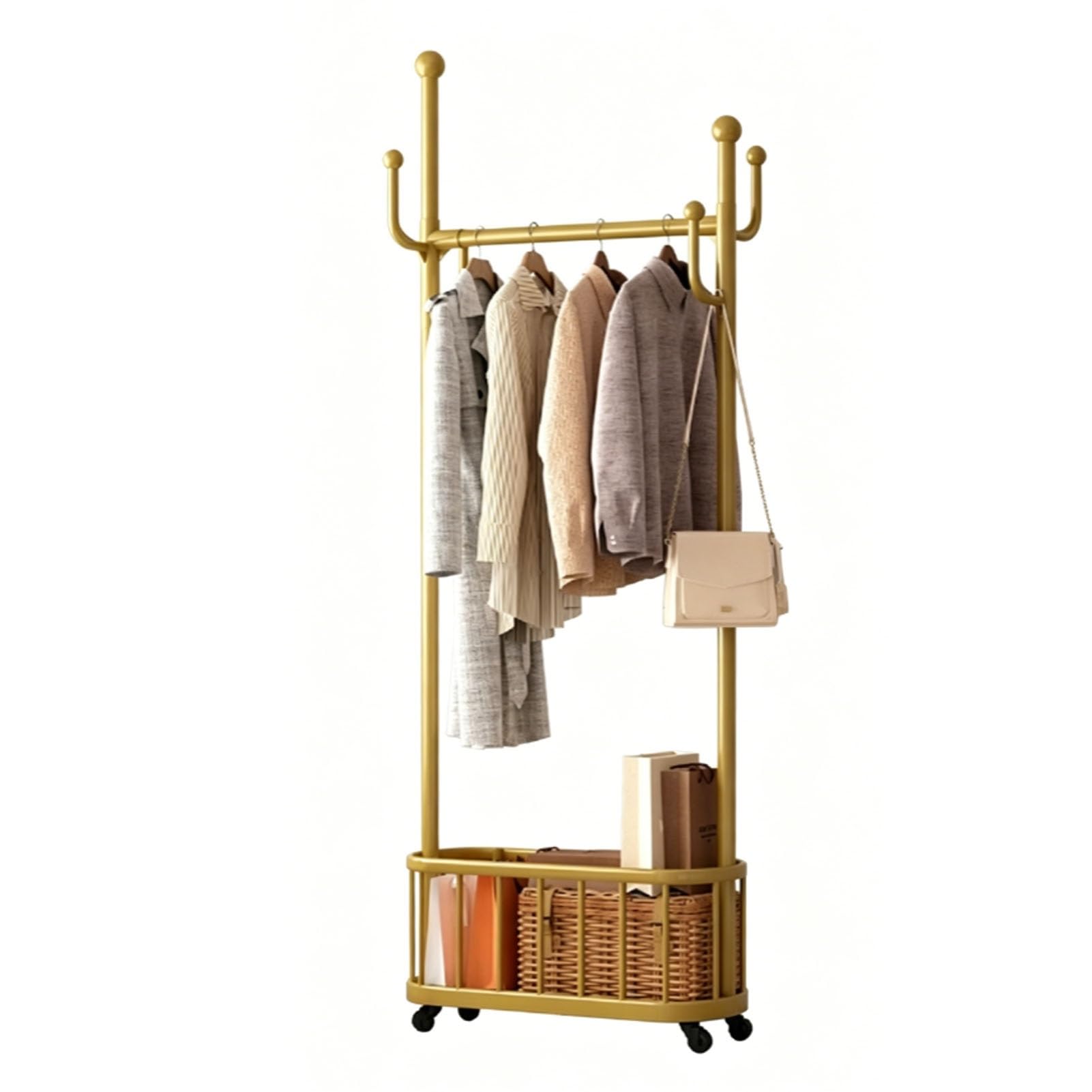 YAOHY Clothes Rack With Wheels, Portable Garment Rack with Storage Basket, Rolling Clothes Rack For Garment Rack for Bedroom, Laundry Room(Gold,23.6in/60cm)