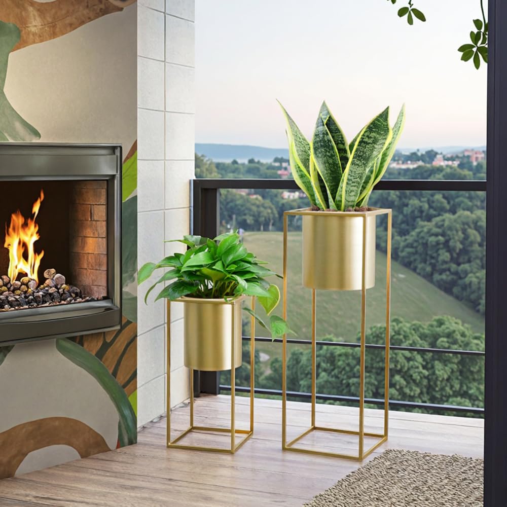TRIROCKS - Juego de 2 macetas de flores doradas modernas con soporte para plantas de interior, 70 y 45 cm de altura, para salón, cocina, oficina, jardín, balcón, terraza (dorado)