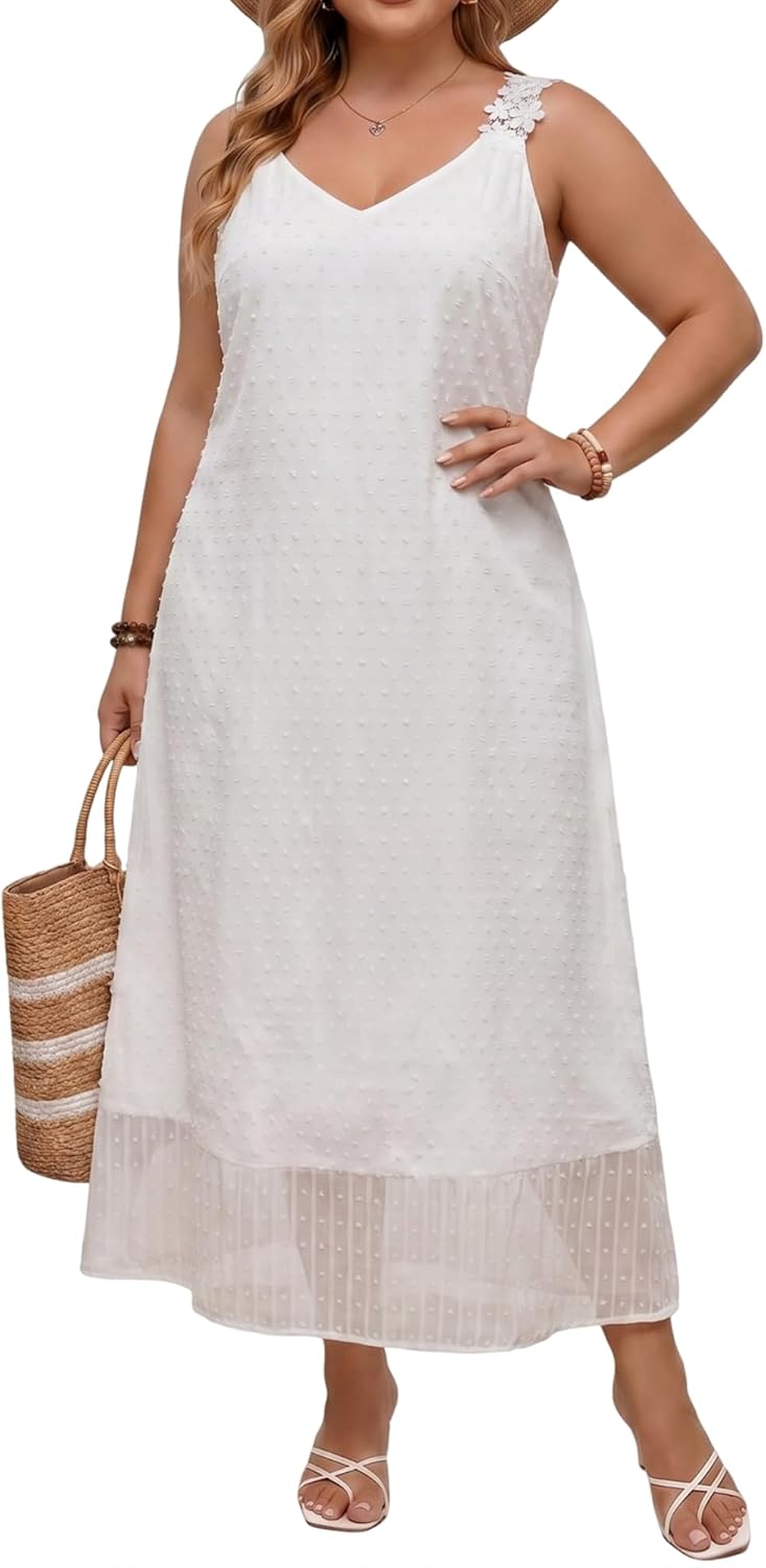 Womens Summer Plus Size Sundress Swiss Dot Sleeveless V Neck Casual Flowy Beach Vacation Maxi Dresses Curvy Women 2026 Spaghetti Strap Cover Ups White L