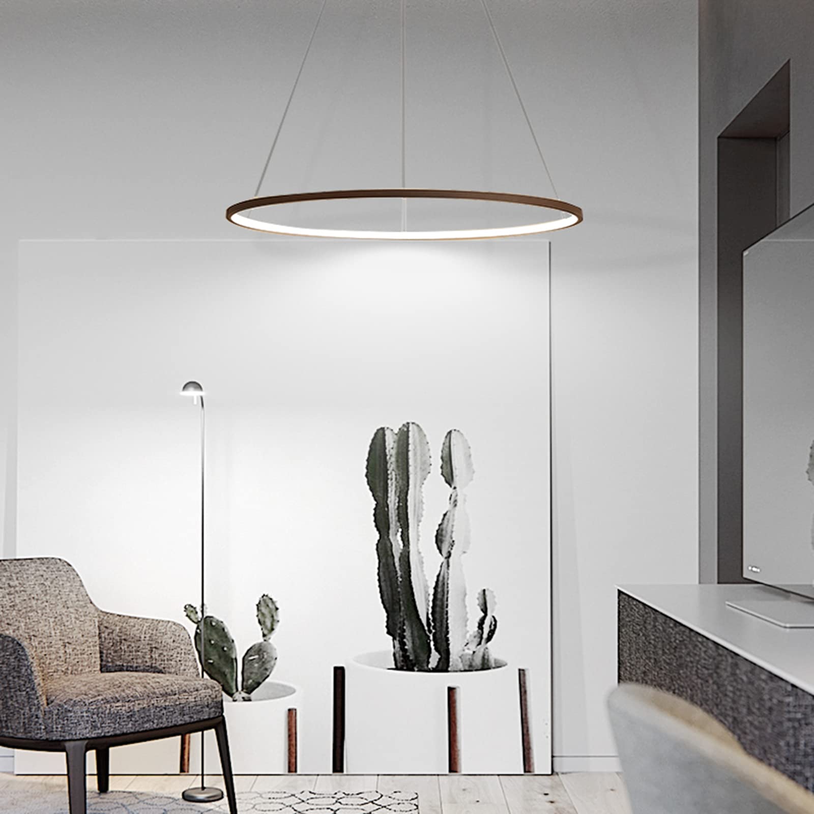 Lámpara LED moderna colgante de techo anillo aluminio 60 cm café 34 W, regulable 3000 K-6000 K 10-15 m² Iluminación interior diseño elegante ajustable 1,5 m, lámpara de techo