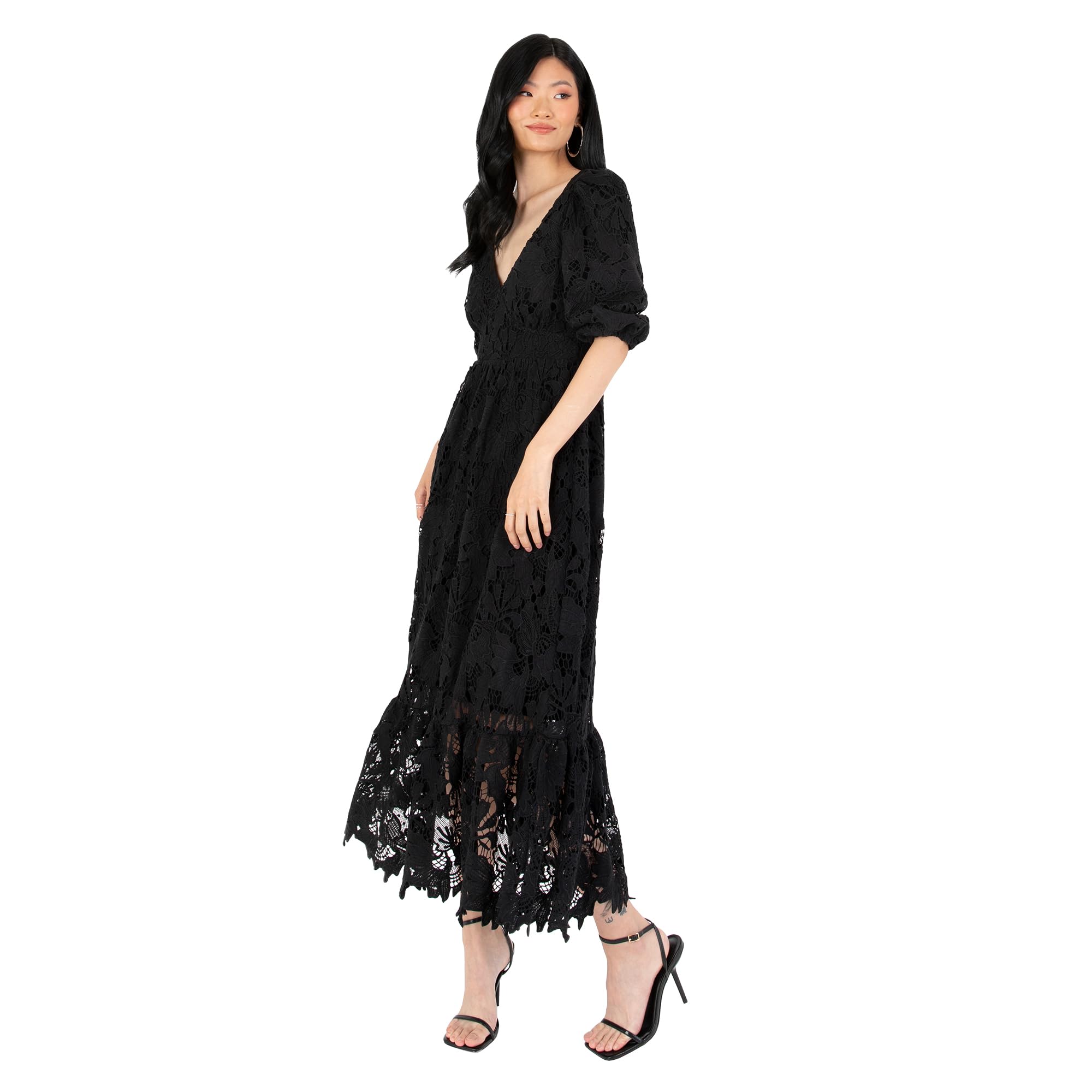 Women's Midaxi Dress V Neckline Puff Sleeve Lace A-line for Wedding Guest Bridesmaid Cocktail Prom Evening Occasion