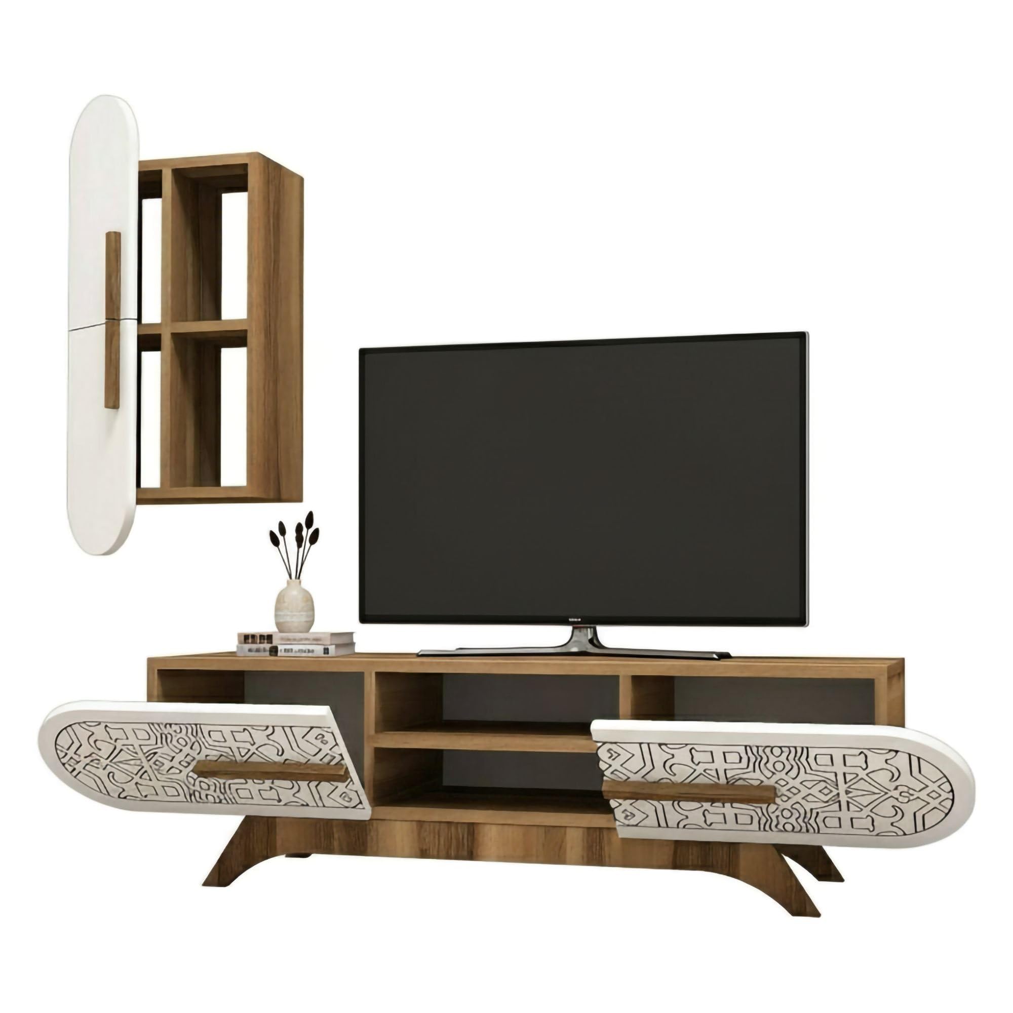 Dmora - Parete attrezzata Nemb, Composizione soggiorno, Mobile salotto multiuso, Armadio porta TV, 145x35h37 cm, Noce e Bianco