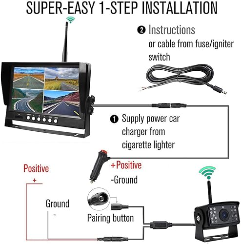 Miniatura 4 de EVERSECU 4 unids digital HD 1080P cámara inalámbrica de respaldo de coche con 9 pulgadas 4ch Quad Monitor/Coche DVR/Dash Monitor/Vehículo Grabador