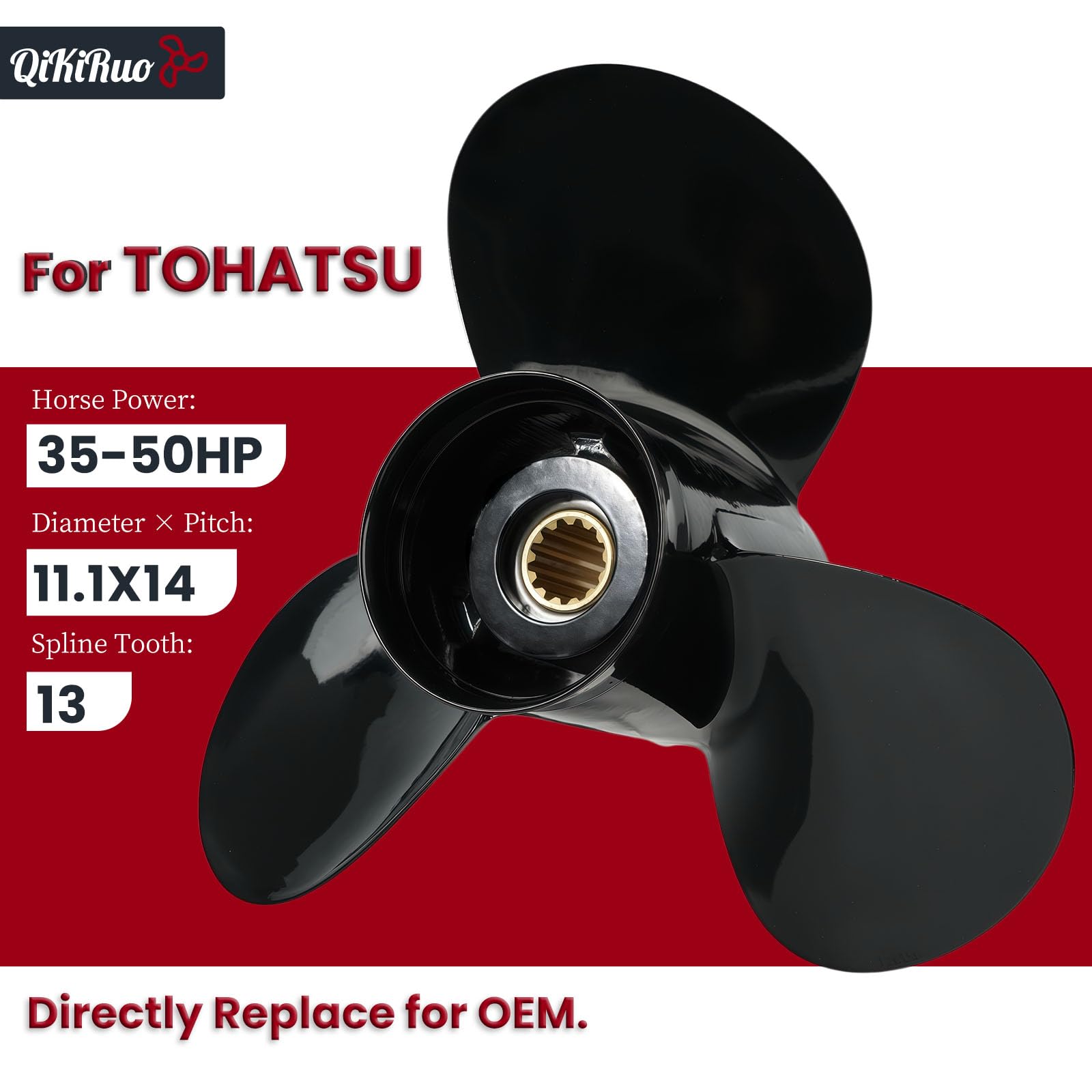 11,6 x 11, 11,4 x 12, 11,1 x 13, 11,1 x 14, 11 x 15 OEM-Upgrade-Aluminium-Außenbord-Propeller für Tohatsu und Nissan 35 PS - 50 PS, 13 Zähne, gepresste Gummi-Nabe, rechts