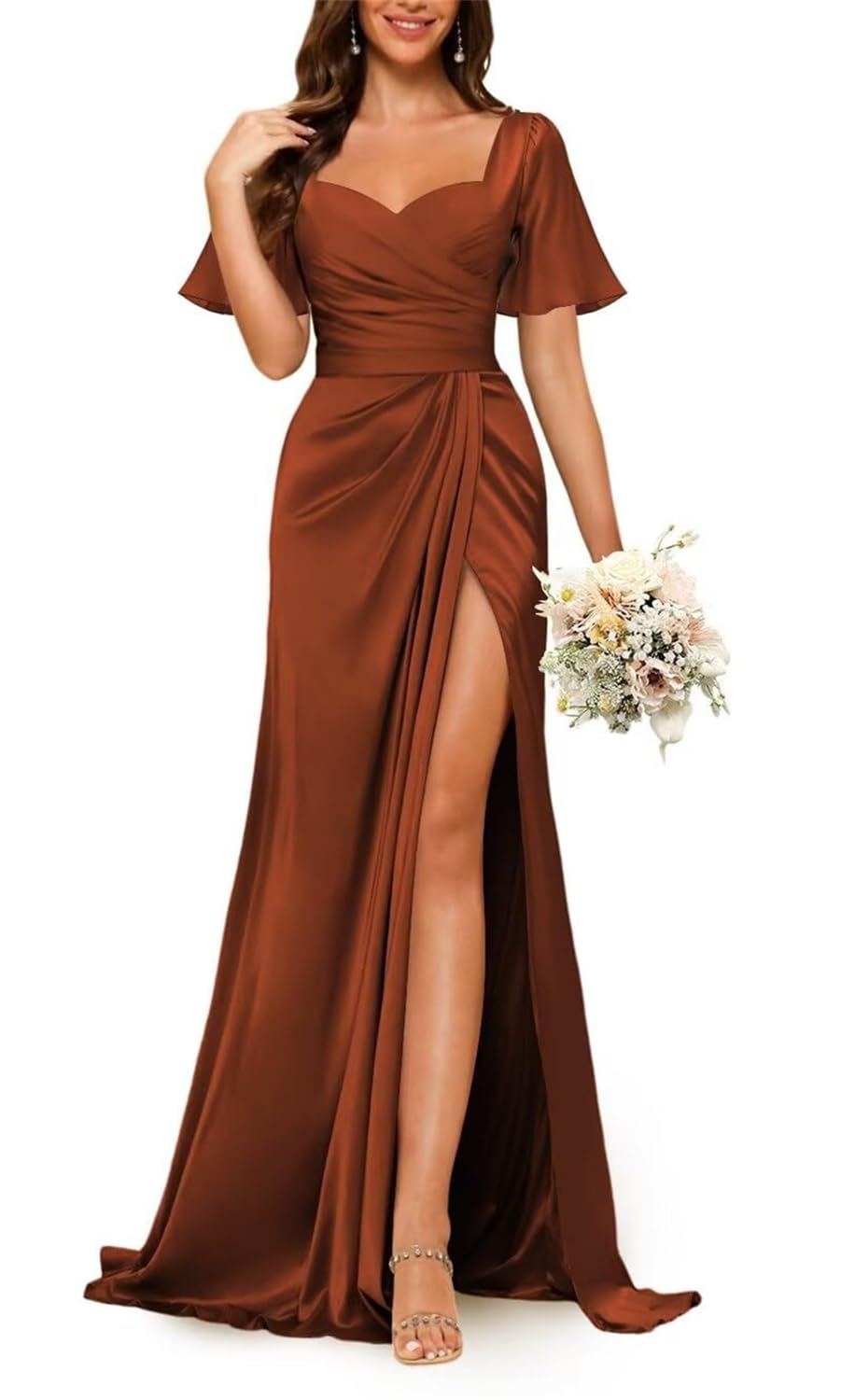 Hppee Women's Burnt Orange Short Sleeve Bridesmaid Dresses For Wedding Party Plus Size Satin Prom Dress With Slit Ball Gown Uk20