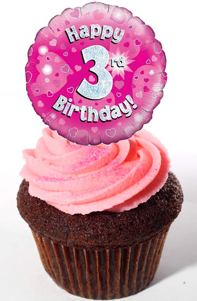 Made4you Girls Pink Happy 3Rd Birthday Edible Cake Decorations, - Stand-Up Wafer Cupcake Toppers (Pack Of 12)