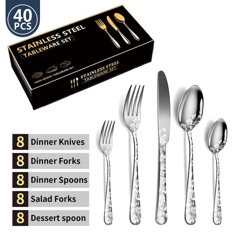 Juego de Cubiertos de 40 Piezas, Cubiertos de Acero Inoxidable con Hermoso Patrón para Uso Diario, Fiestas, Ligeros (SILVER)