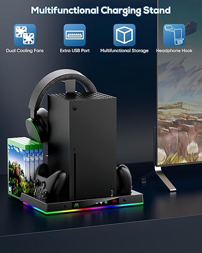 Miniatura 5 de Ventilador de refrigeración mejorado y soporte de carga dual para consola y controlador Xbox Series X, sistema de estación de carga más fría para la