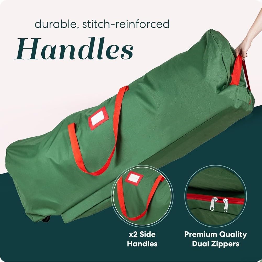 Bolsa de almacenamiento para árbol de Navidad artificial de 7.5 pies con ruedas, funda enrollable con cremallera para decoraciones navideñas, material Oxford con asas de transporte (verde)