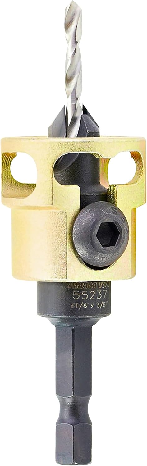 Amana Tool Carbide Tipped Adjustable Countersink with Depth Stop, 55237, 3/8 Dia x 49 Degree Angle x 1/4 Shank, Includes Replacement Drill Bit 630-226
