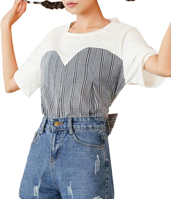 Amazon Jinpin レディース シャツ ブラウス Tシャツ トップス 半袖 バック リボン とろみ ストライプ チェック キャミ 重ね着風 ドッキング カットソー 春 夏 秋 かわいい カジュアル きれいめ おしゃれ 切り替え ブラック F Tシャツ カットソー 通販