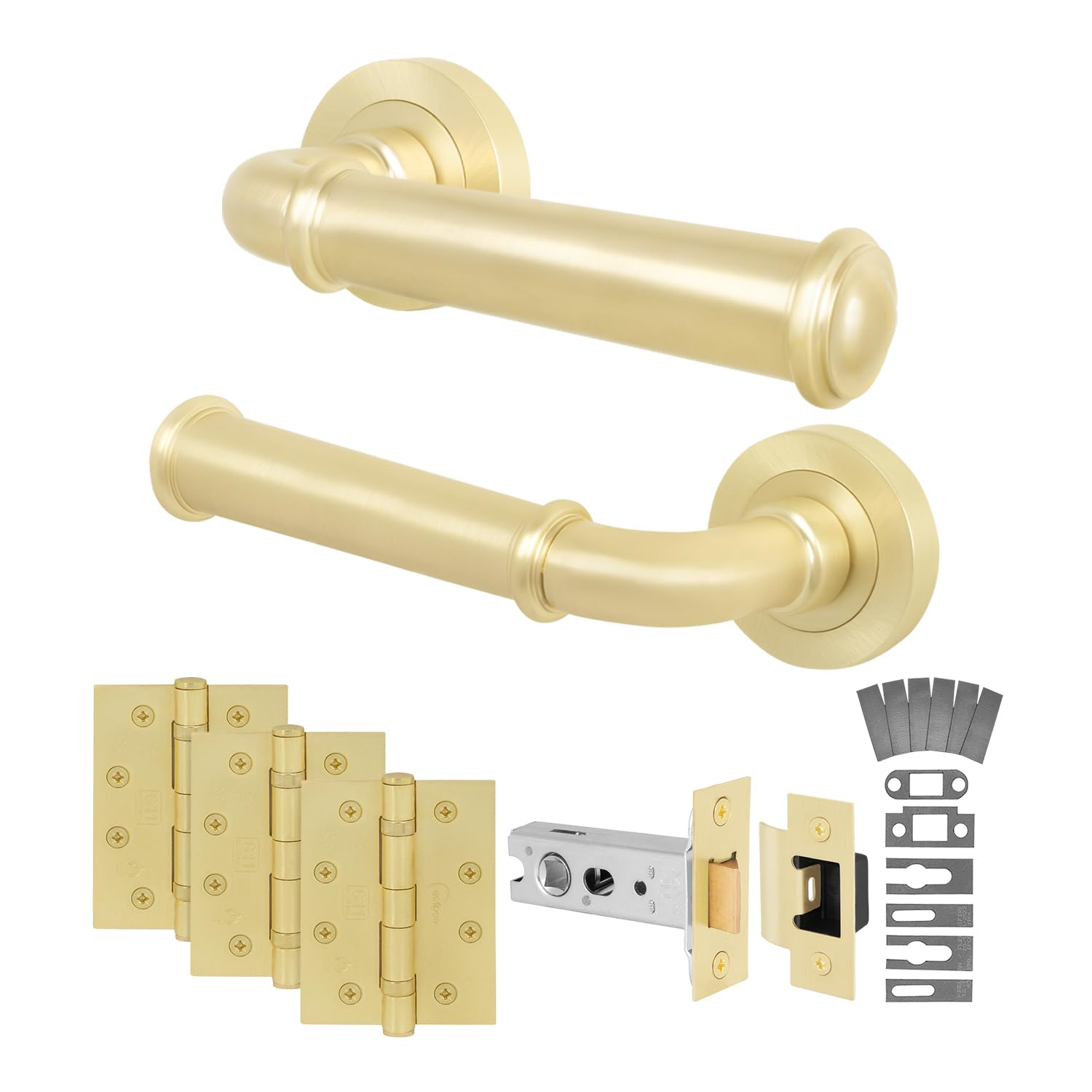 Eai Satin Brass Brass Fire Door Handle Latch Set, Internal Fire Rated Door Handle With 76Mm Latch And 102Mm Hinges, Cerro Range 1 Pack