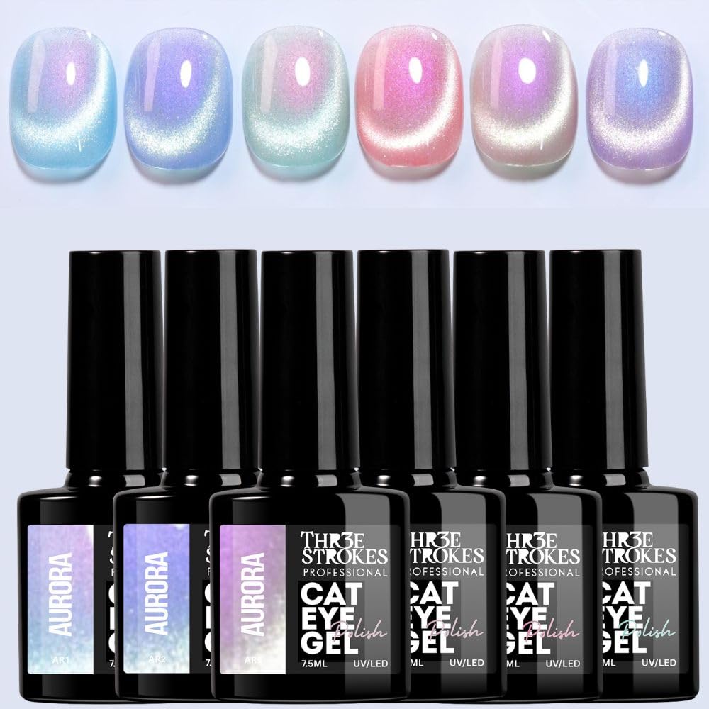 THR3E STROKES Gel Nail Polish Cat Eye Gel NailPolish Set, 6 Color Jelly Shimmer Glass Cat Eye Gel Nail Polish with Magnet Nude Reflective Clear Champagne Pink Purple Magnetic Gel Polish Gift Set 7ML (UV/LED LIGHT REQUIRED) (AURORA)
