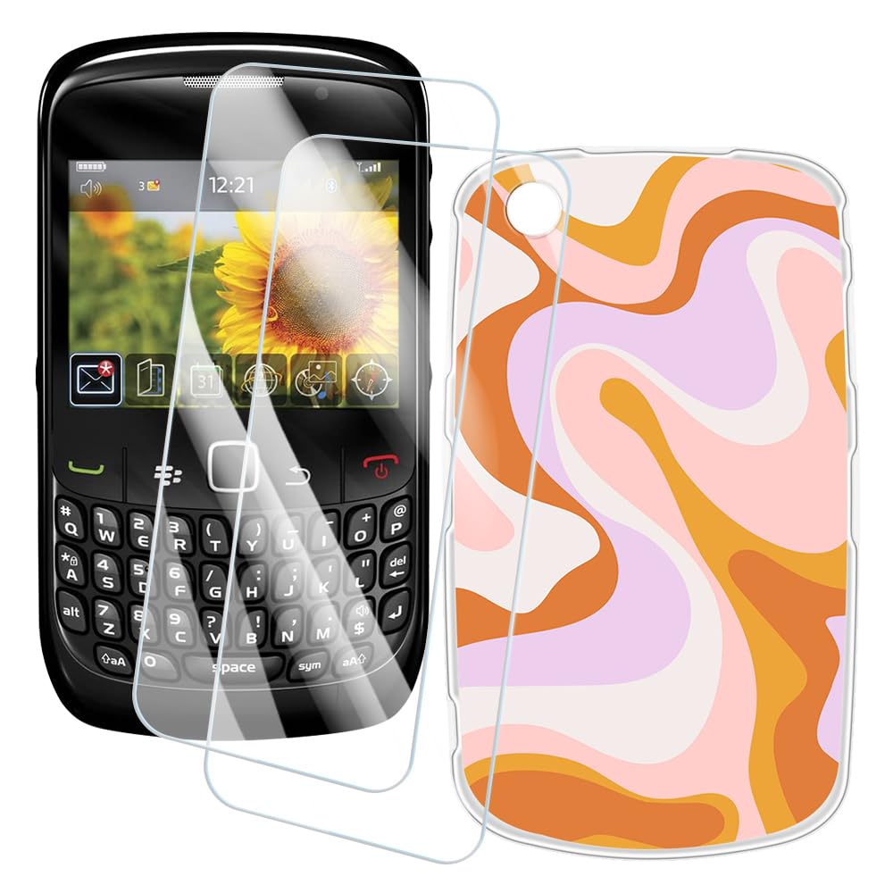 2 Pack Screen Protector + Case Compatible with BlackBerry 8520 Curve (2.46 inch) Case Artistic Custom Printed Cover and Tempered Glass Film Anti-Scratch (Texture)