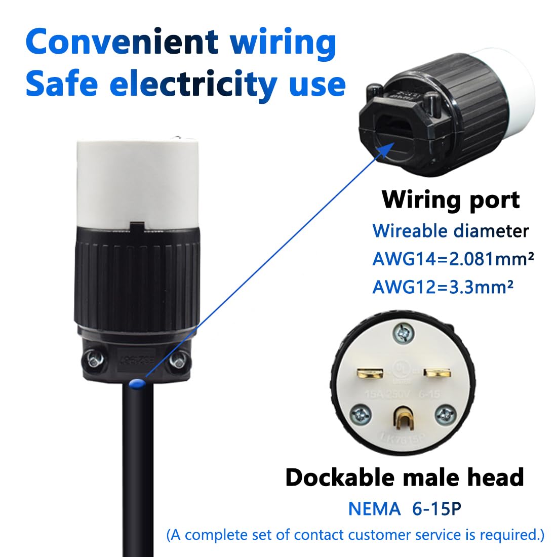 NEMA 6-15p/6-15R Straight Blade Cord Connector Male/ Female Ends, Extension Cord Ends Connector Set, 15 Amp, 250 Volt, USA 3-Prong Male AC Plug (NEMA 6-15P+NEMA 6-15R)