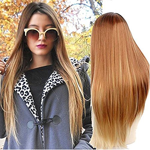 Netgo Blonde Ombre Wig Dark Roots Long Straight Black To Brown Synthetic Full Wigs For Women