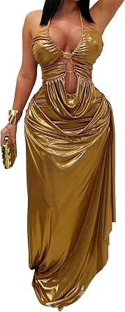 Womens Sleeveless V Neck Halter Satin Bodycon Ruffles Sexy Nightclub Party Dress