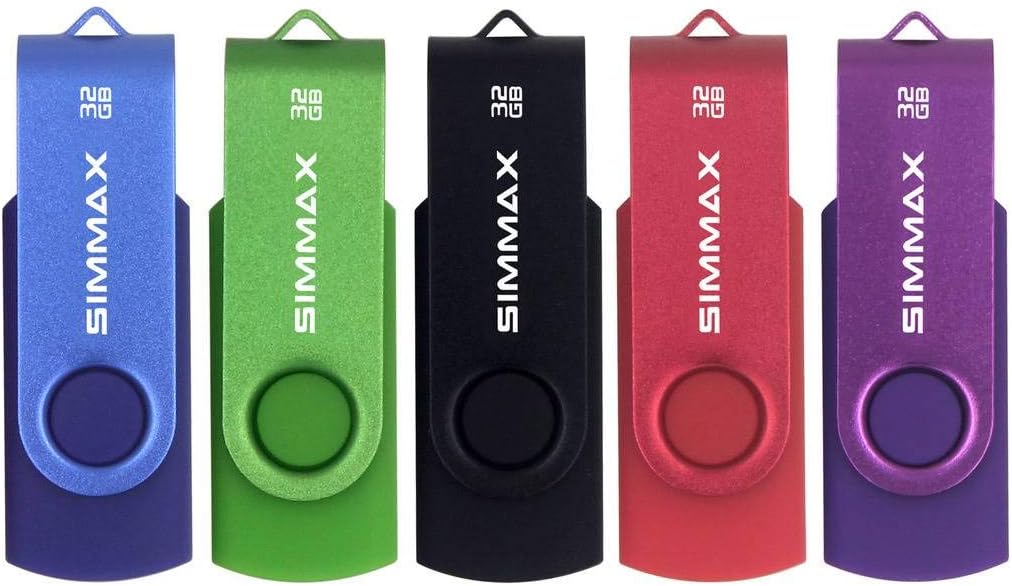 SIMMAX USB Flash Drives 5 Pack 32GB Memory Stick Swivel Design USB 2.0 Flash Drive Thumb Drive Zip Drives (32GB Blue Green Black Red Purple)