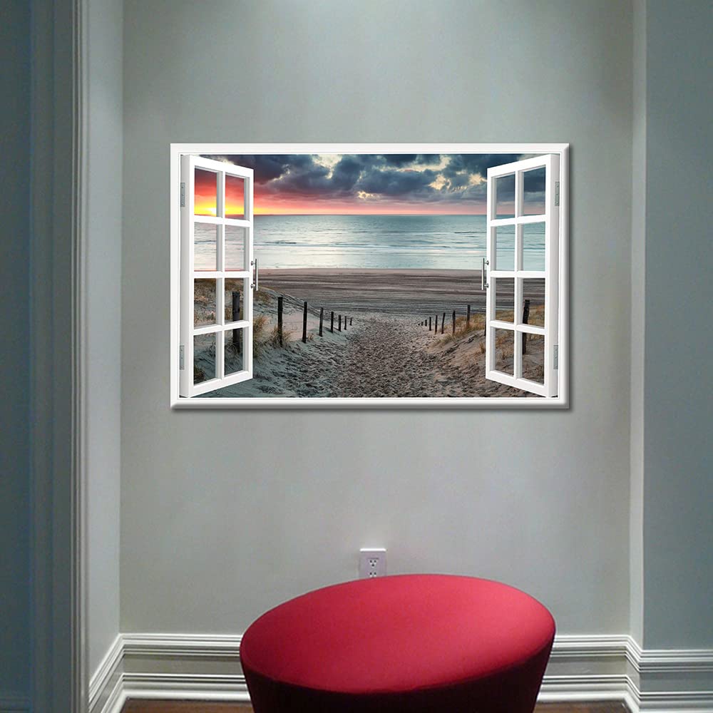 TISHIRON 3D Window Effect Coastal Picture Artwork Beach Seascape Canvas Wall Art with Wooden Pathway to Ocean for Bedroom Wall Decor Stretched and Framed Ready to Hang 16x24inch - Image 4