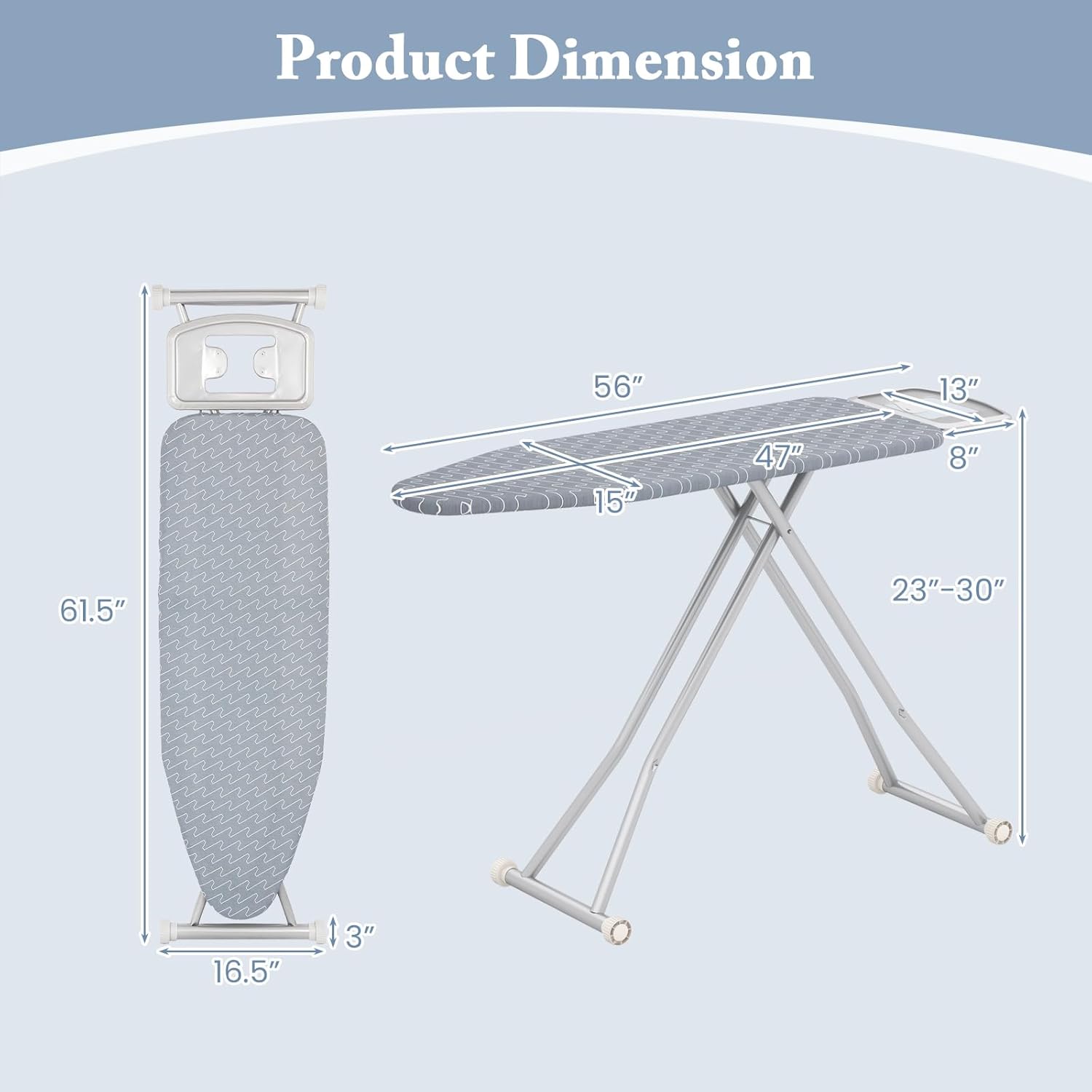 COSTWAY Ironing Board Full Size, 55” x 15” Foldable Iron Stand with Iron Rest, 7 Adjustable Heights & Removable Cover, Heavy-Duty Steel Frame, Portable Ironing Table for Small Place Home Laundry Room