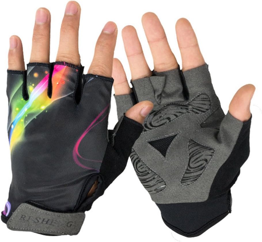 Fashion Rainbow Pattern Outdoor Sports Gloves Bike Bicycle Cycling Riding Half Finger Non-slip Gloves Spring Summer Style for Men/Women Black