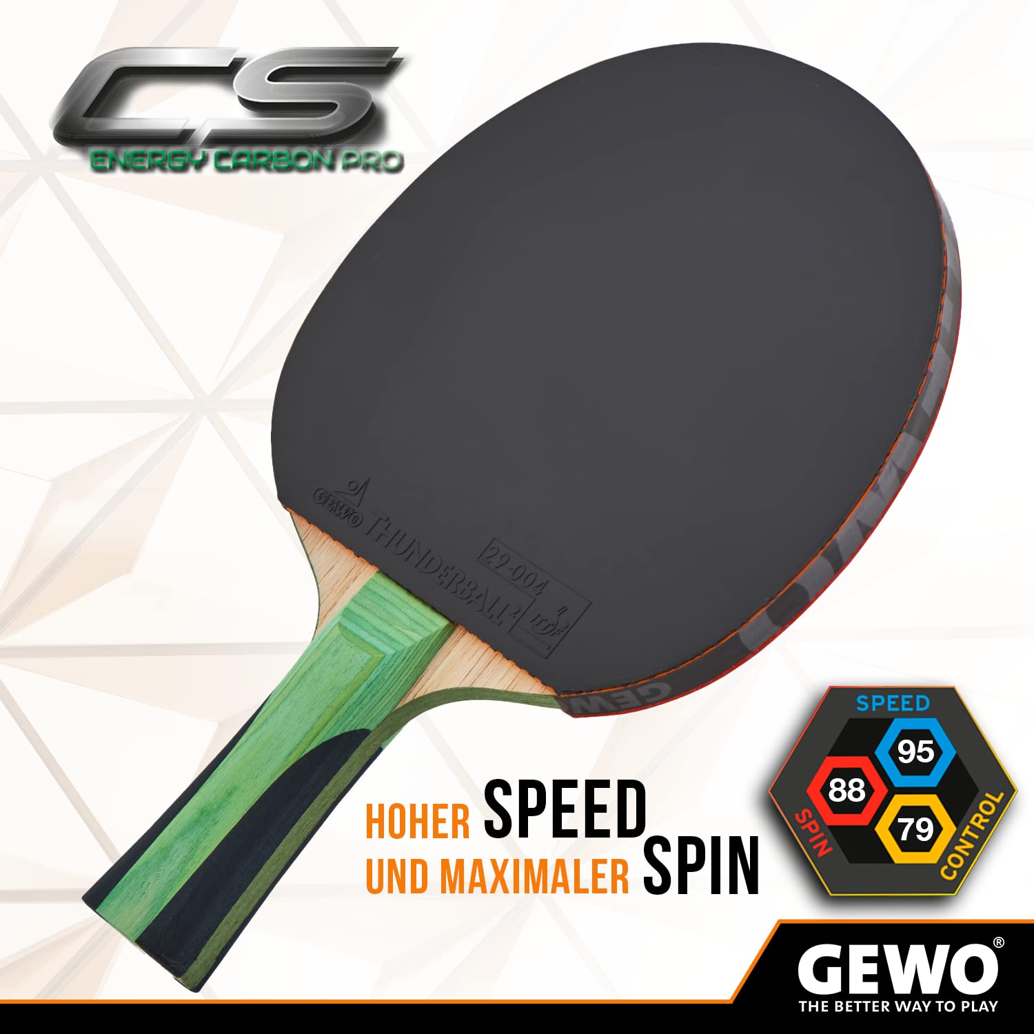 GEWO CS Energy Carbon Pro rakieta do tenisa stołowego - atest ITTF - rakieta węglowa z kontrolowaną powłoką i wysokimi właściwościami obrotowymi, wklęsła, gąbka 2 mm