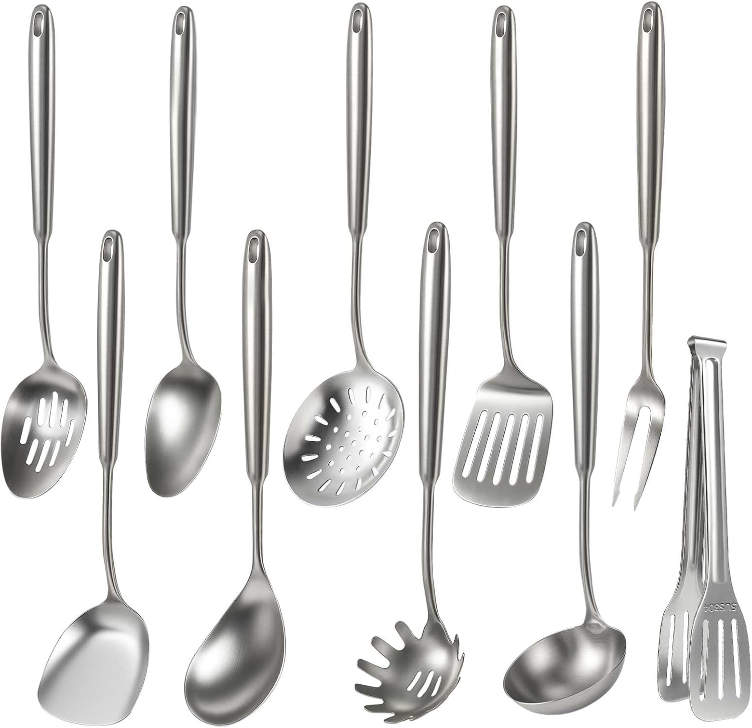 Newness 10 Pcs Cooking Utensils Set,18/8 304 Stainless Steel Kitchen Utensils Set, Metal Kitchen Accessories, Include Soup Ladle, Slotted Skimmer Spoon, Spaghetti Spoon, Spatula, Tongs,Dishwasher Safe