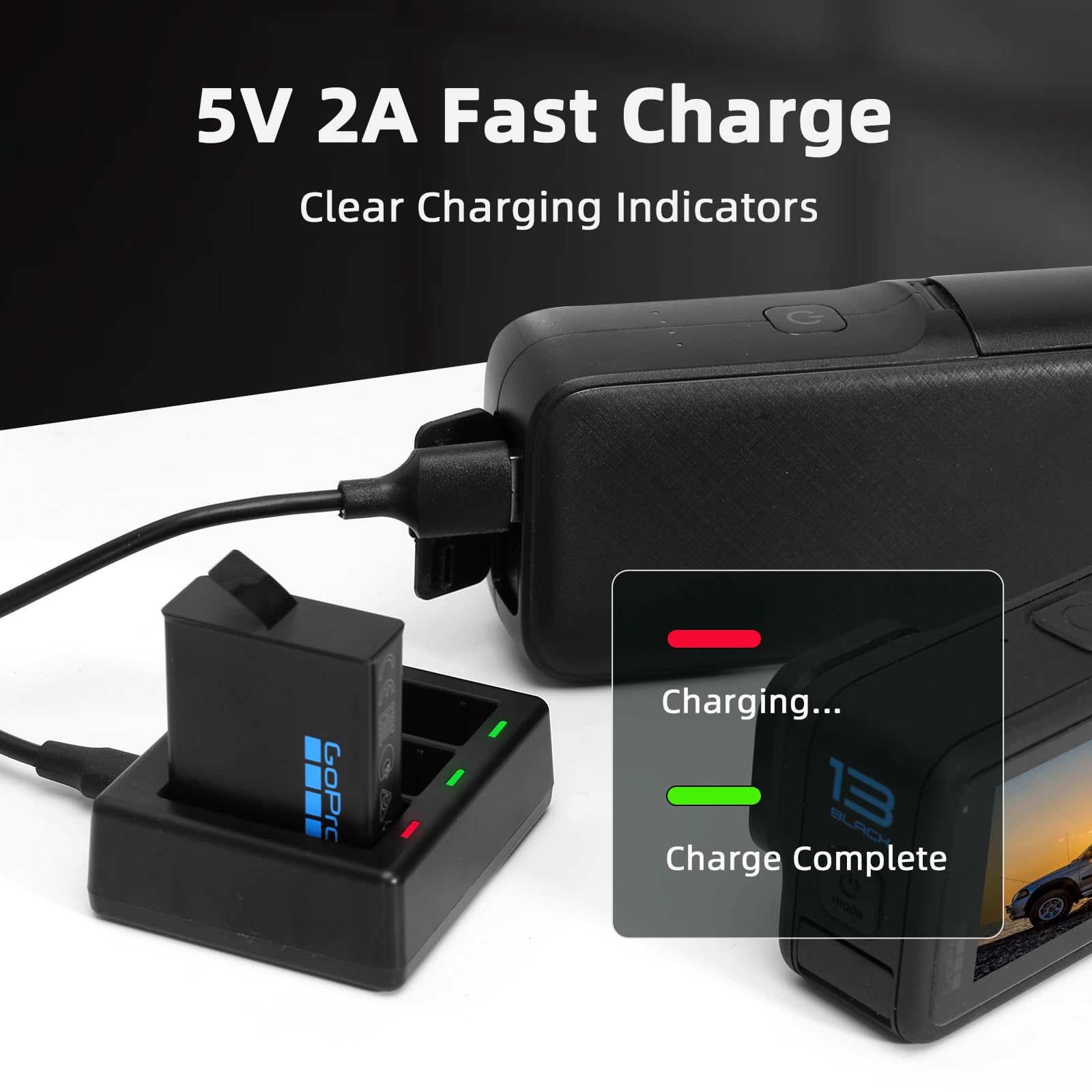 Honbobo Chargeur Rapide Pour GoPro Hero 13 Black - Boîtier Batterie Portable Avec Rangement MicroSD
