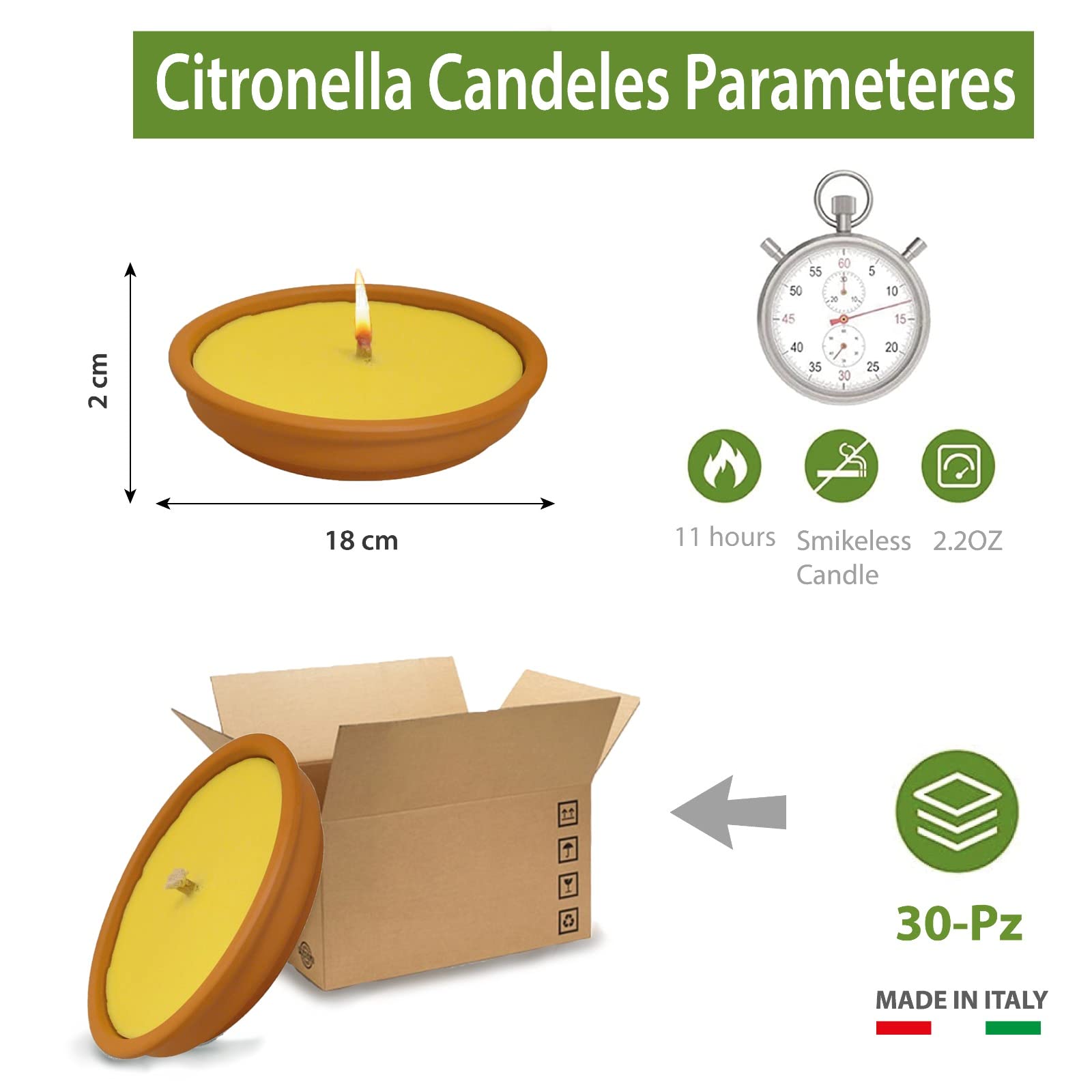 Crisalide® Candela alla Citronella, Fiaccola, Prodotto in Italia, Giardinaggio, Antizanzare, Esterno, Feste e Eventi. (18cm 11 ore, Set Argilla)