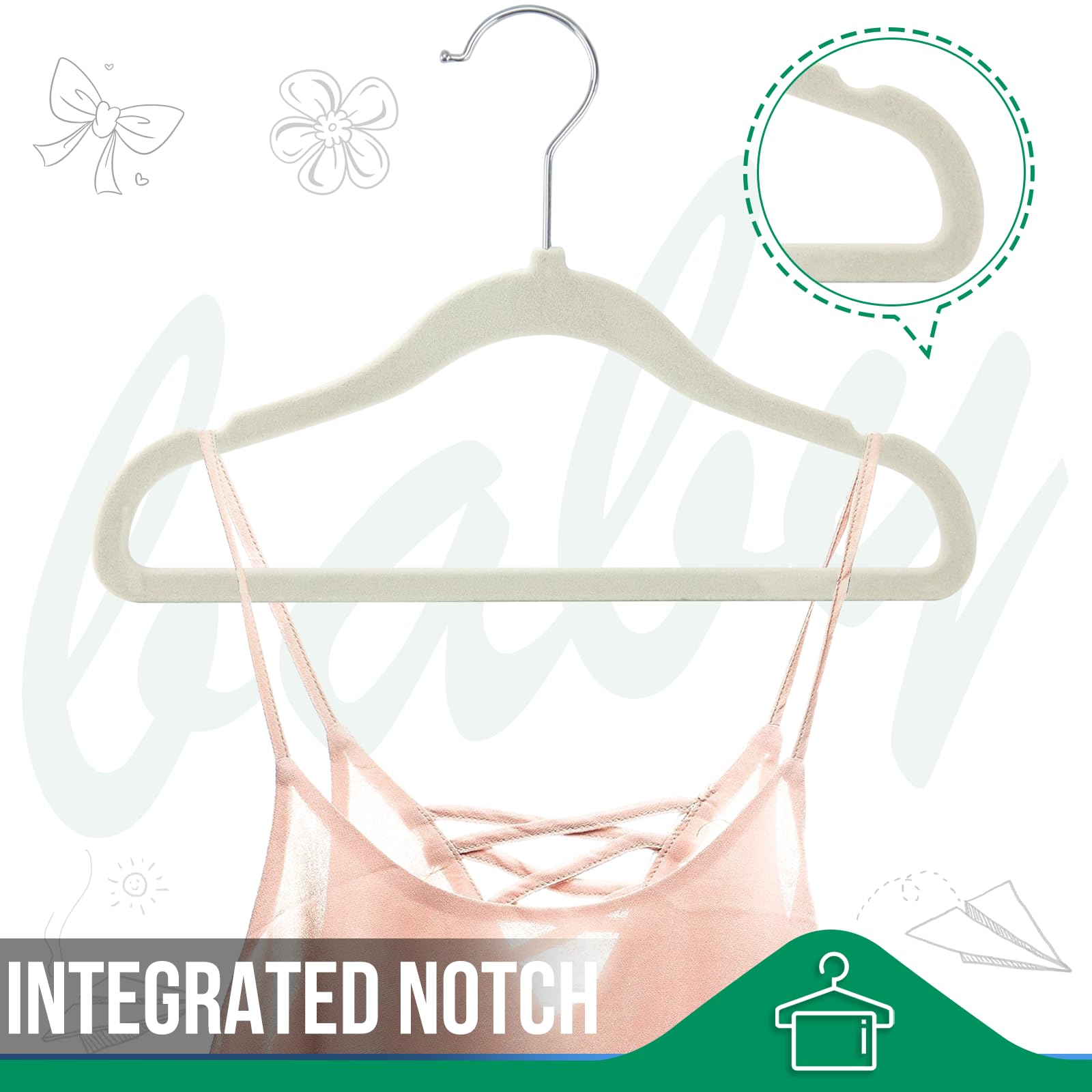 Aubeco Kids Hangers 60 Pack, Soft Beige Velvet Baby Hangers, 11.6â€? Child Clothes Hangers for Close Space Saving, Non Slip Felt Hangers, 360Â° Swivel Hook