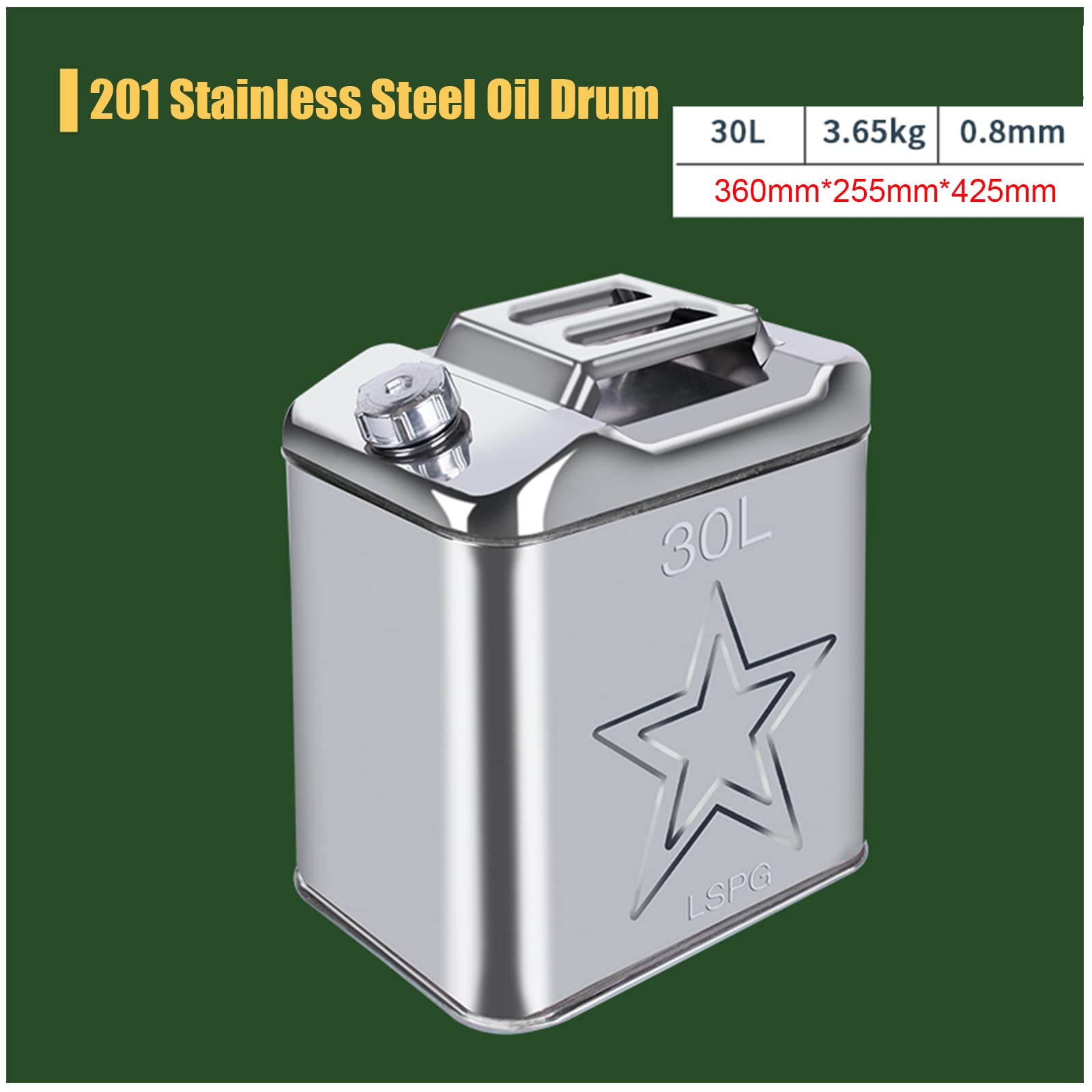 201 Baril D'essence en Acier Inoxydable 20L/25L/30L/40L Bidon D'essence Jerrican en Métal Jerrican Essence，Carburant Métal Canister Bidon Métal Jerrican en Métal pour Ca(Size:30L)
