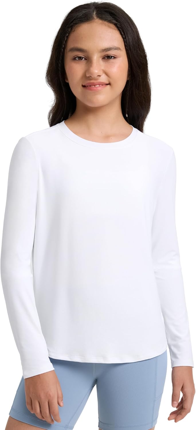CRZ YOGA Girls Cloudweight Long Sleeve Athletic Shirts - Active Sports Casual Tees Crew Neck Side Slit Winter Kids Teen