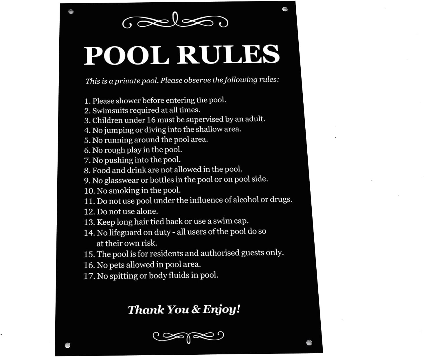 Pool Rules Black & White/Blue & White Sign for outdoor use with a