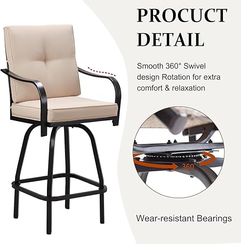 Miniatura 4 de GOOGIC Taburetes de bar giratorios para patio, juego de 2 sillas de bar giratorias con respaldo alto para exteriores, con cojín y marco de acero